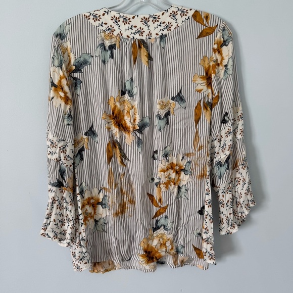 Tribal Jeans Boho Print Long Sleeve Blouse Floral & Stripes VNeck M - Picture 3 of 9